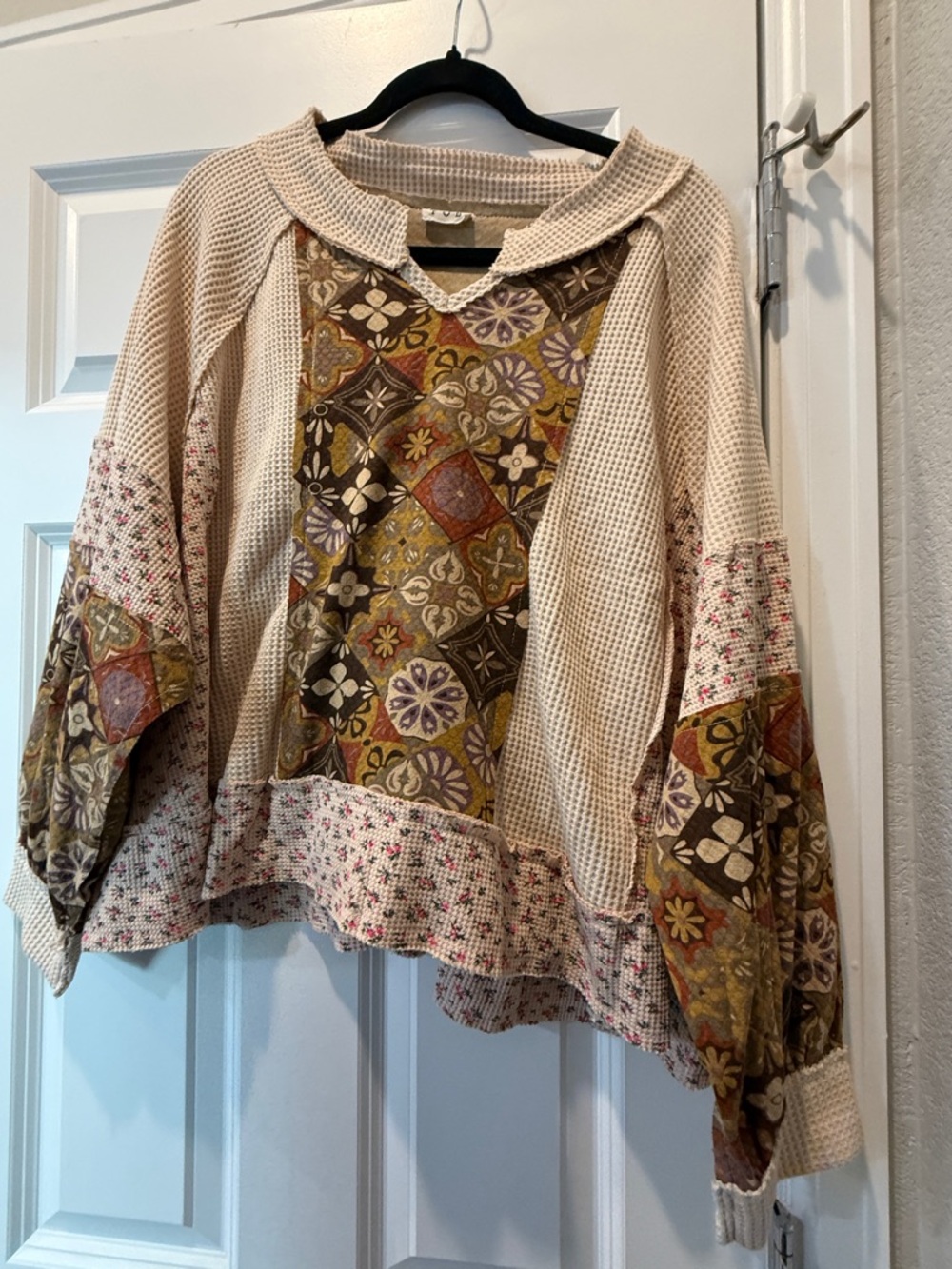 POL Patchwork Cream Waffle Knit Button-Down Shirt with Earth Tones